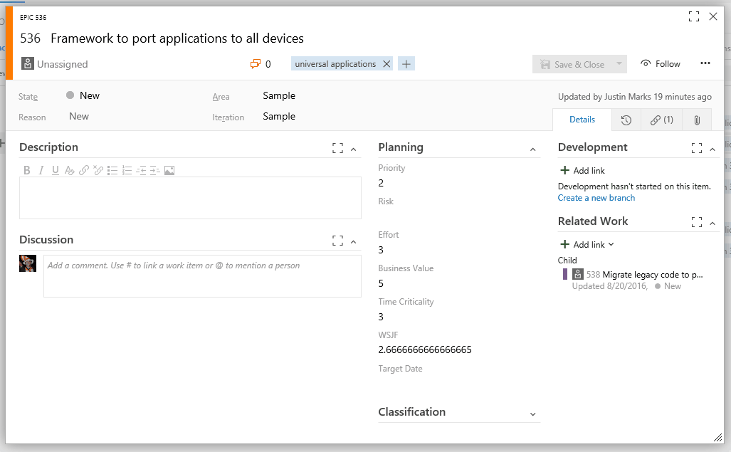 WSJF is automatically updated on the work item form